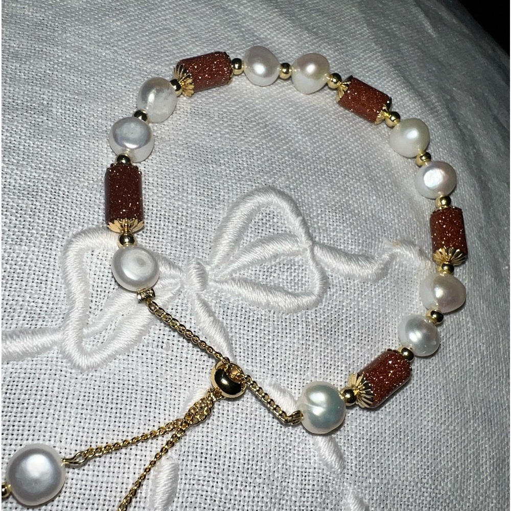🆕 FRESHWATER‎ PEARLS & GOLDEN SANDSTONE ADJUSTABLE BRACELET 14k CLAD